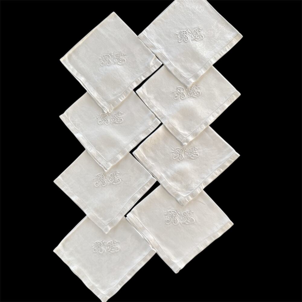 Set of 8 Vintage Damask Linen Napkins 18x18 Monogram RL Hemstitch Border White